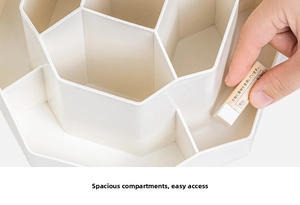 Detail view of large inner compartments in a white plastic rotating desk organizer