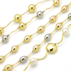 18k gold plated copper necklace with mixed pearls and beads on white background