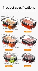 Detailed size chart showing dimensions for large, medium and small food storage containers
