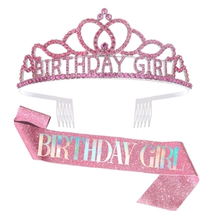 Ροζ τιάρα Birthday Queen με στρασάκια και ασορτί γκλίτερ κορδέλα για πάρτι γενεθλίων