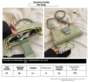 Size guide for quilted crossbody bag with precise dimensions and storage capacity details