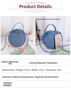 Detail view of a round blue PU leather crossbody bag showing dimensions 17x17x7cm