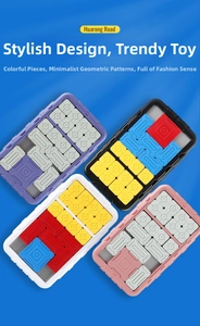 Top view of four colorful Huarong Road slide puzzles on a vibrant blue background