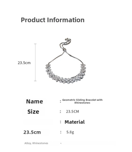 Detailed view of silver rhinestone geometric bracelet with dimensions and weight specs