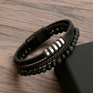 Handmade black leather braided multi-layer bracelet with matte beads and magnetic clasp