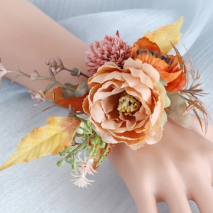 Handmade silk rose wrist corsage in vintage orange and pink for wedding parties