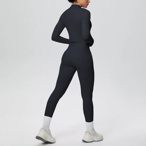 Back view of slim fit black sports jacket and high waist leggings yoga set