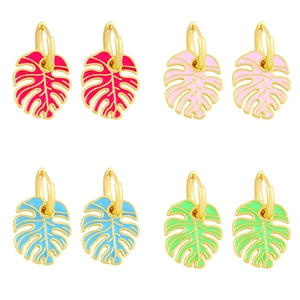 Monstera Leaf Hoop Earrings Gold Plated Enamel Tropical Plant Summer Beach Jewelry For Women Girls Bohemian Vintage Colorful