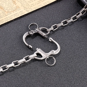 Retro stainless steel square striped keychain bracelet with quick-release hooks in silver