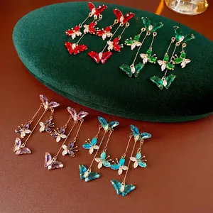 Boucles D'oreilles Pendantes Papillon Pompon Zircon Cuivre Bijoux Avec Tige En Argent Élégant Pour Femme