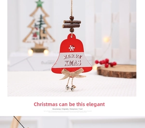 Macro detail of red and white wooden Christmas bell hanger with snowflakes and burlap bow