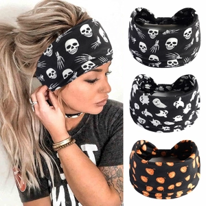 Wide Headbands Elastic Faux Cotton Halloween Christmas Ghost Skull Pumpkin Print Hair Bands For Women Yoga Sports