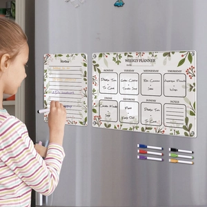 Close-up of clear acrylic weekly planner with floral patterns and colored markers