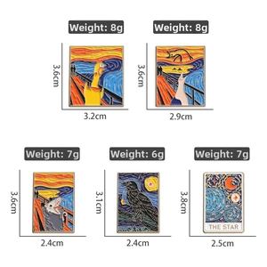 Detailed view of geometric metal enamel pins featuring starry sky oil painting designs
