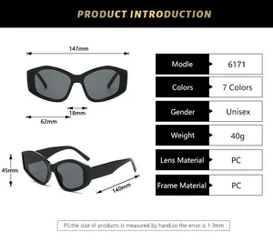 Detailed size chart for retro cat-eye sunglasses including dimensions and PC material info