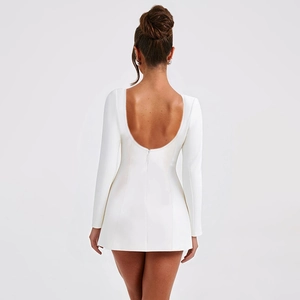 Elegant backless long sleeve white mini dress with a flared A-line silhouette