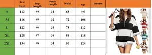 Size chart detail for striped short sleeve top and shorts athletic two-piece set