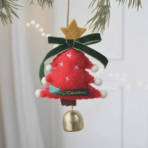 Christmas tree ornament with red felt, green bow, golden bell, and Merry Christmas text