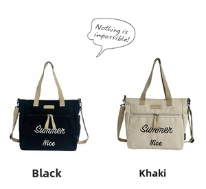 Black and khaki canvas tote bags with 'Summer Nice' print and adjustable straps