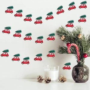 Lot de stickers muraux de Noël avec voiture renne rouge et sapin sur mur blanc