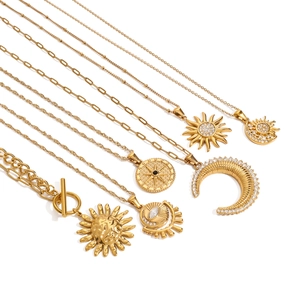 Set of 7 gold stainless steel necklaces featuring sun moon and star celestial pendants