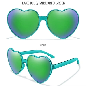 Close-up of heart-shaped sunglasses in lake blue with mirrored green lenses front view