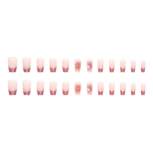 Faux ongles French roses avec paillettes, fleurs 3D et perles, coffret de 24 pièces