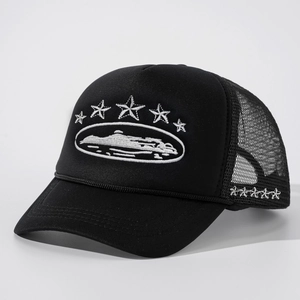 Black trucker hat with white embroidered stars and mountain landscape graphic
