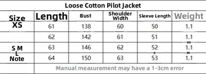 Detailed size chart for the oversized bomber jacket showing measurements and weights