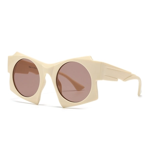 Avant-garde geometric sunglasses with off-white frames and brown lenses shown at 45-degree angle