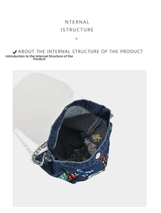 Detailed interior view of a denim floral embroidered handbag with magnetic closure