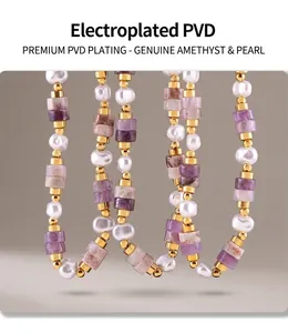 Detailed close-up of amethyst and pearl necklace with electroplated PVD gold beads