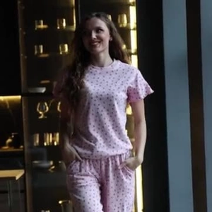 Pink heart star print pajama set with short sleeve top and long pants for loungewear