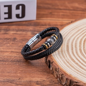 Men's multi-layer black braided leather bracelet with silver and gold metal beads