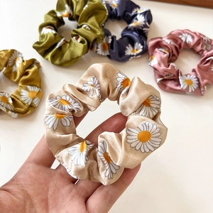 Daisy pattern satin scrunchies in five colors for high elasticity ponytail styling