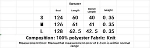 Tableau des tailles détaillé pour pull en maille et jupe midi avec mesures en centimètres