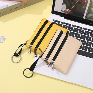 Porte-monnaie en tissu à trois fermetures éclair avec porte-clés jaune et beige