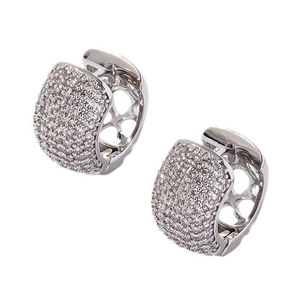 Elegant silver paved cubic zirconia hoop earrings with geometric cutout design on white background