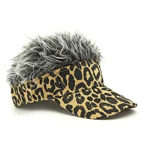 Funny leopard print baseball cap with fuzzy grey synthetic wig hair for men and women