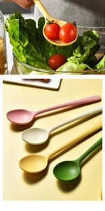 Close-up of silicone spoons scooping fresh salad and a four-color set display