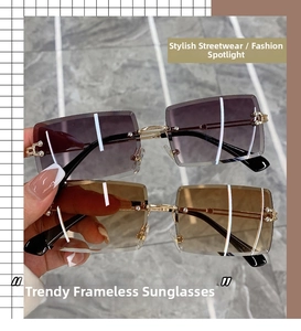 Détail de lunettes de soleil sans monture avec verres dégradés et branches dorées