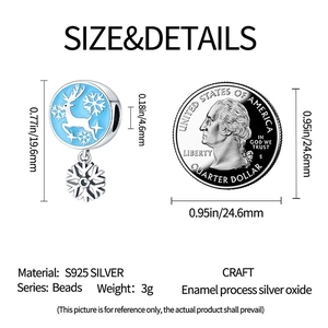 Detailed size comparison of S925 silver elk and snowflake charm against a quarter coin