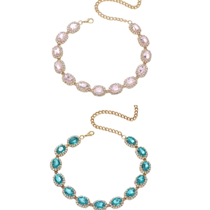 Chic gold-tone layered necklaces featuring pink and lake blue oval crystal rhinestones