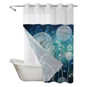 Waterproof polyester shower curtain with blue dandelion floral print and metal grommets