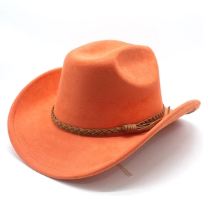 Detail of orange suede cowboy hat featuring a brown braided leather band and tassel
