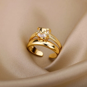 Adjustable snake shape double layer gold ring with checkered texture and sparkling zircon