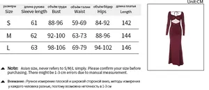 Size chart for slim fit mesh patchwork maxi dress with detailed measurements in CM