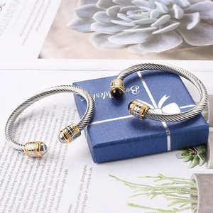 Men's titanium steel cable wire open bangles with onyx beads in a luxury gift box