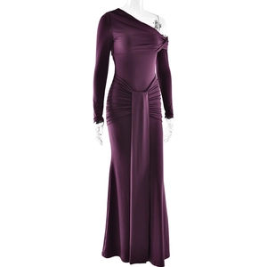 Detailed view of purple one-shoulder evening gown with pleated waist and elegant sash