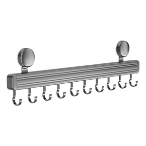 Silver wall-mounted kitchen rail with suction cups and ten sliding hooks for utensil storage